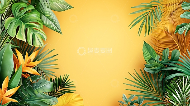 高清大图下载【趣麦麦图】热带植物环绕黄色背景