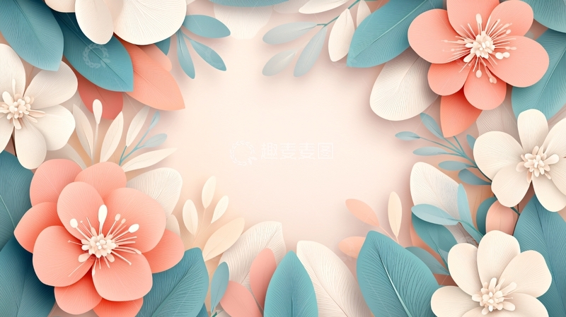 高清大图下载【趣麦麦图】粉色花朵蓝色叶子背景