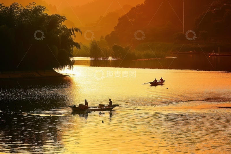 高清大图下载【趣麦麦图】黄昏河面渔船