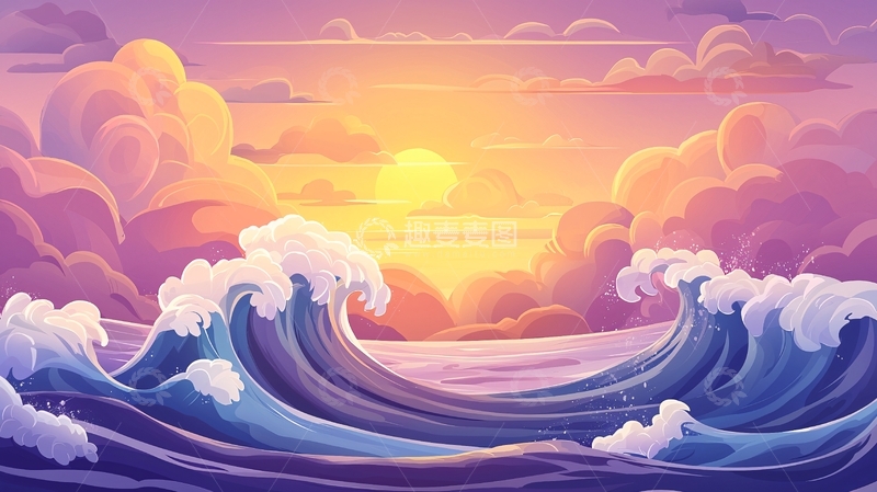 高清大图下载【趣麦麦图】海浪夕阳下的梦幻景色