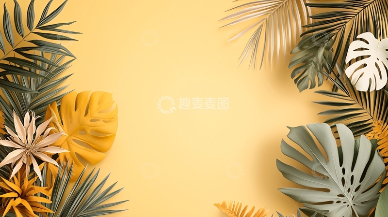 高清大图下载【趣麦麦图】金色叶片植物黄色背景