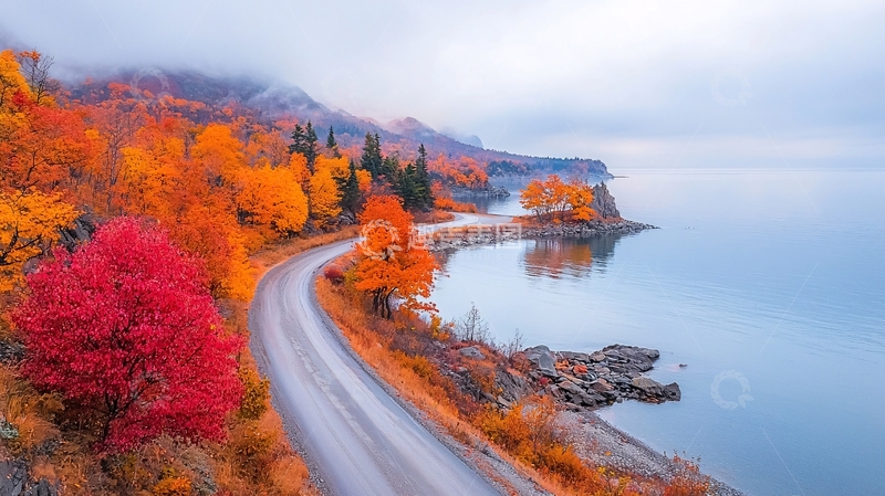 高清大图下载【趣麦麦图】秋季湖畔公路景色