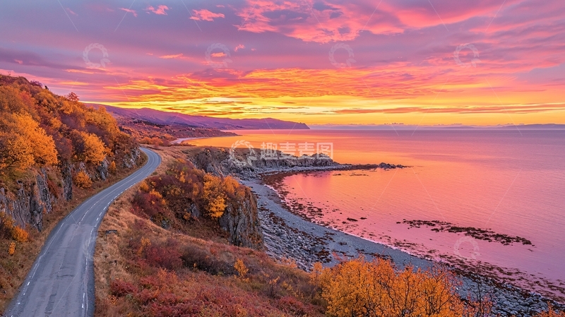 高清大图下载【趣麦麦图】海岸公路日落晚霞美景