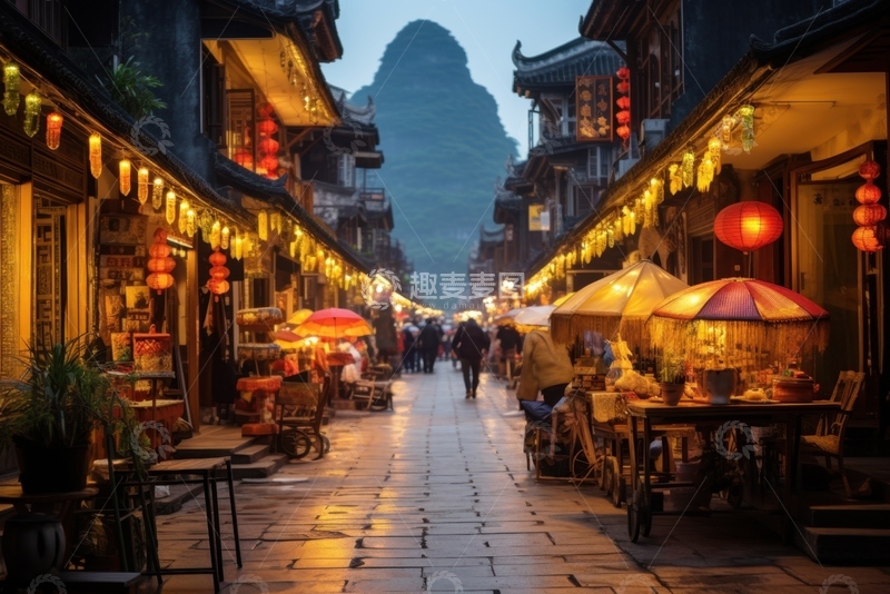 高清大图下载【趣麦麦图】夜晚的村寨街市
