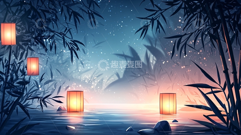高清大图下载【趣麦麦图】竹林夜景灯笼