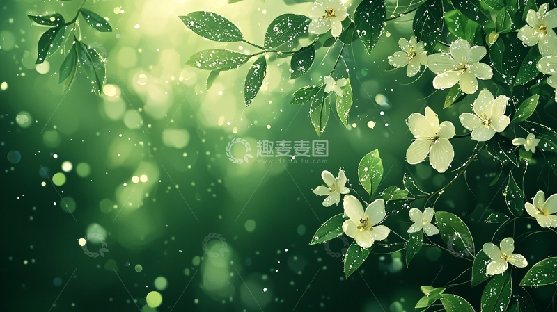 高清大图下载【趣麦麦图】清新绿意白色花朵光斑