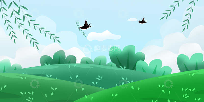 春天户外草地植物手绘插画白云背景