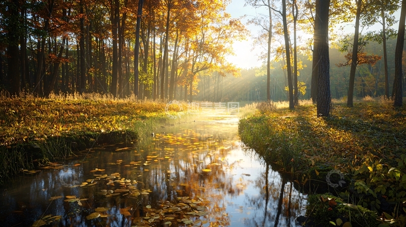 高清大图下载【趣麦麦图】秋日森林小溪阳光