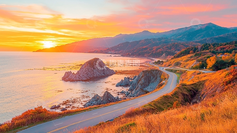 高清大图下载【趣麦麦图】海边公路日落美景