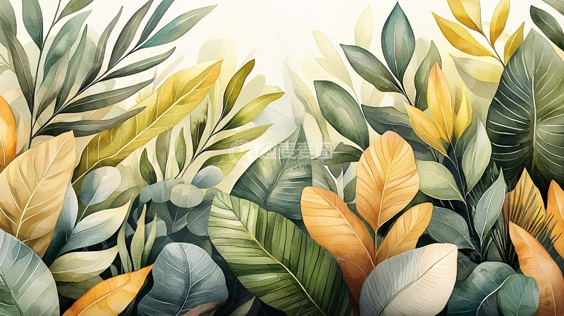 高清大图下载【趣麦麦图】绿叶植物水彩背景