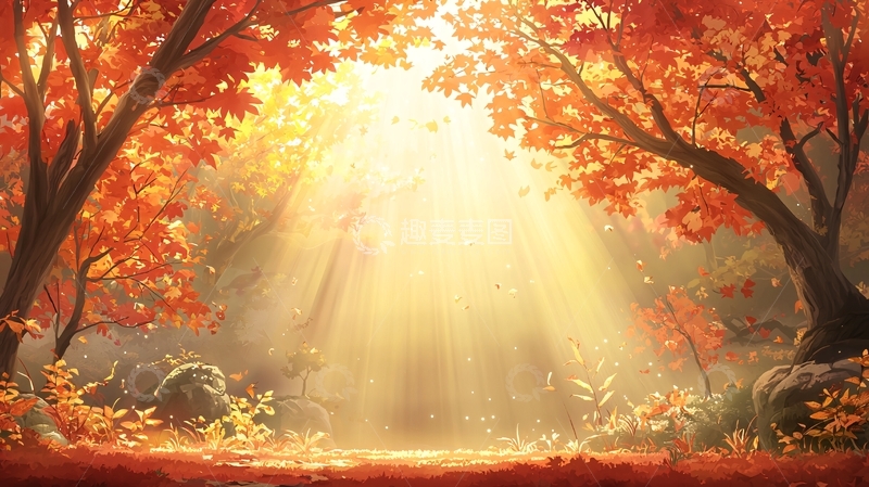 高清大图下载【趣麦麦图】秋日阳光洒在红色树林