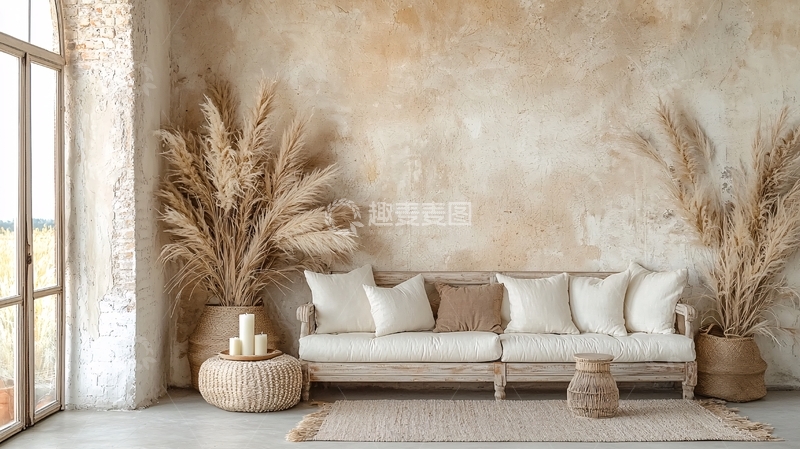 高清大图下载【趣麦麦图】米色沙发与芦苇装饰的房间