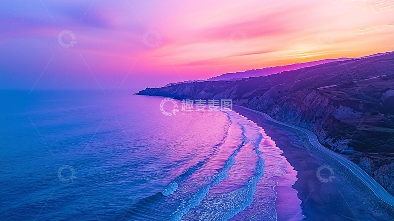 高清大图下载【趣麦麦图】粉色紫色海滩日落美景