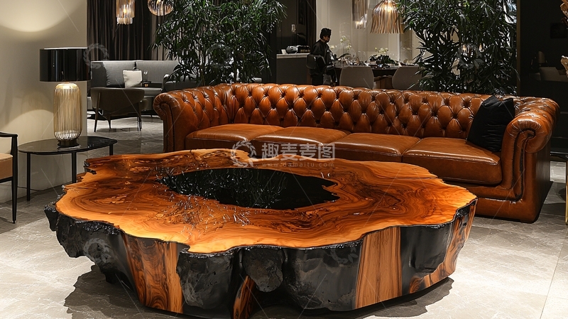 高清大图下载【趣麦麦图】-豪华皮革沙发木质茶几