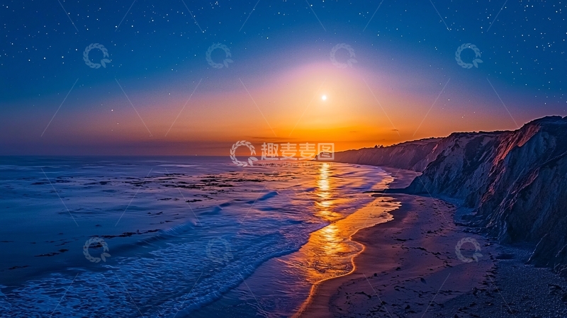 高清大图下载【趣麦麦图】海边月亮日出