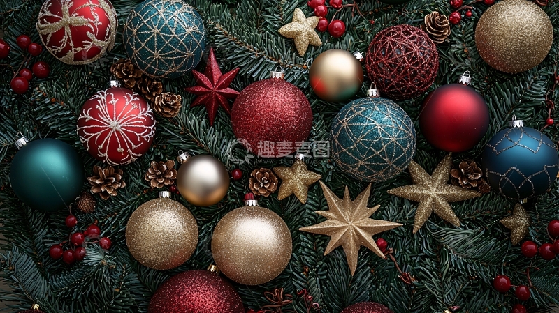 高清大图下载【趣麦麦图】圣诞装饰球挂满绿松枝