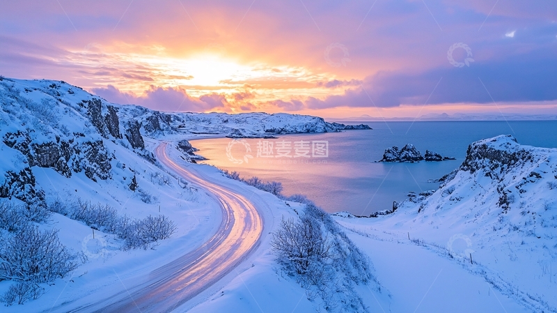 高清大图下载【趣麦麦图】雪山海岸线的日出景色