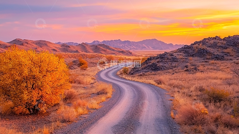 高清大图下载【趣麦麦图】沙漠公路落日美景