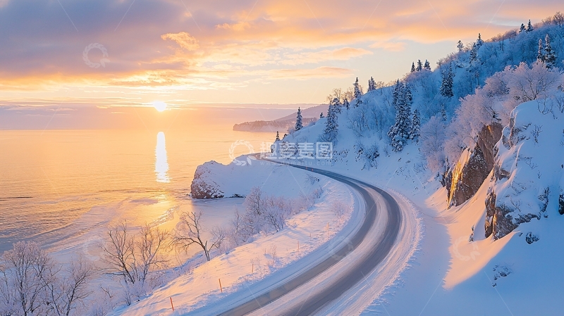 高清大图下载【趣麦麦图】雪山公路日出美景
