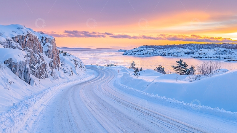 高清大图下载【趣麦麦图】雪山公路日落景色