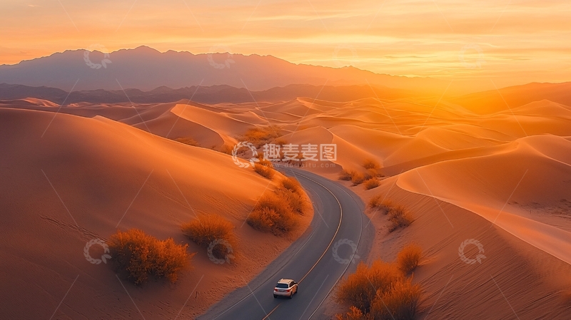 高清大图下载【趣麦麦图】金色阳光下的沙漠公路