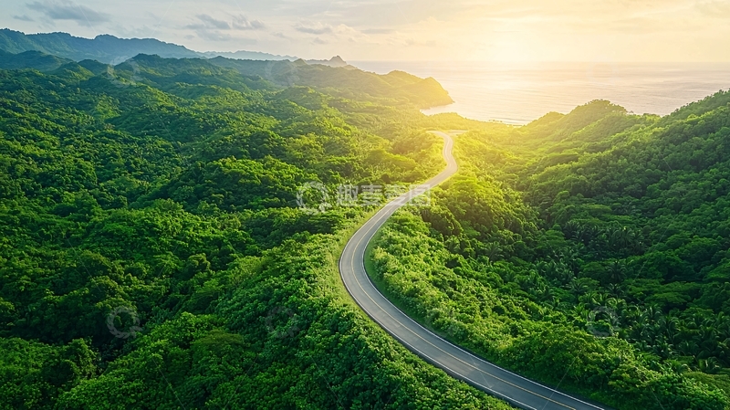 高清大图下载【趣麦麦图】绿色山峦蜿蜒道路日出