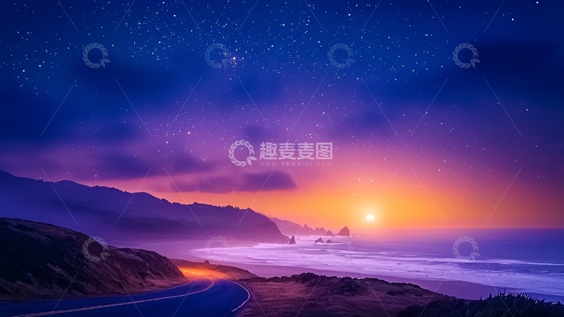 高清大图下载【趣麦麦图】星空下的海边日落