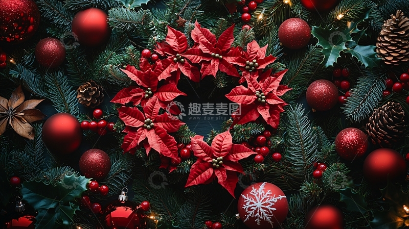 高清大图下载【趣麦麦图】圣诞节红色花环和装饰球