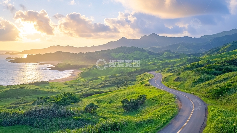 高清大图下载【趣麦麦图】海边山路日出美景