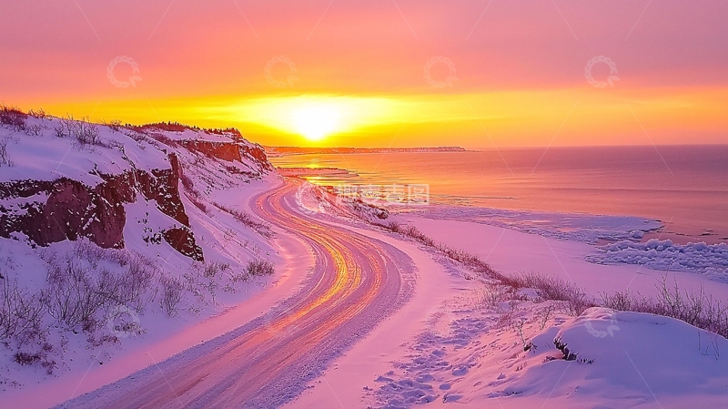 高清大图下载【趣麦麦图】冬日粉色天空下的海岸线