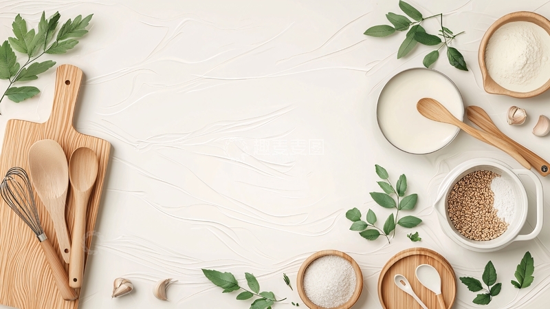 高清大图下载【趣麦麦图】木制厨具和白色餐具静物