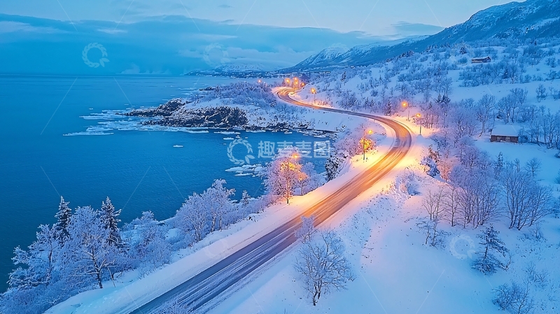 高清大图下载【趣麦麦图】冰雪覆盖的沿海公路