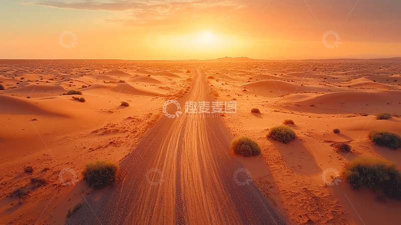 高清大图下载【趣麦麦图】金色夕阳下的沙漠之路