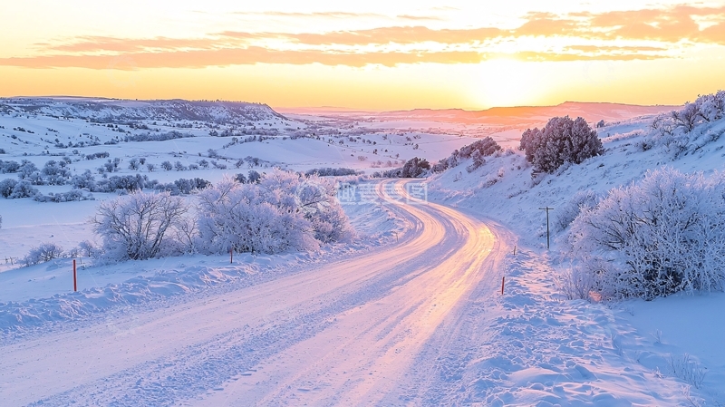高清大图下载【趣麦麦图】雪地公路日出