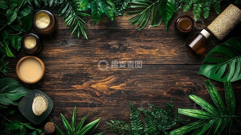 高清大图下载【趣麦麦图】精油和绿叶围绕的木质背景