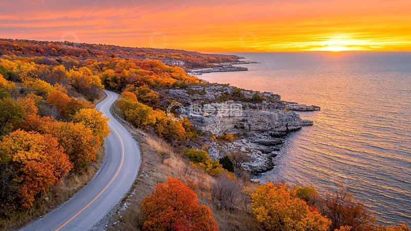 高清大图下载【趣麦麦图】海岸公路秋日夕阳