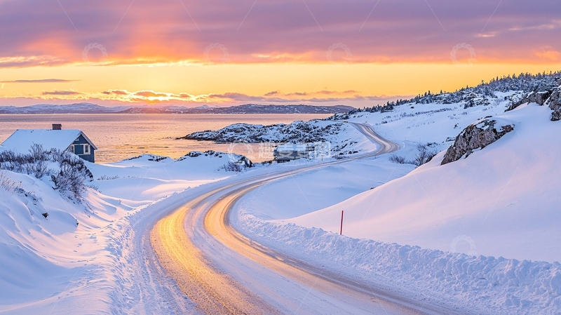 高清大图下载【趣麦麦图】雪地公路日出美景