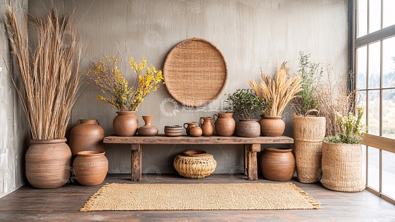 高清大图下载【趣麦麦图】朴素的陶罐和干花装饰