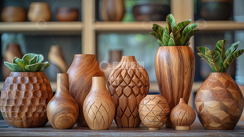 高清大图下载【趣麦麦图】木质花瓶绿植摆设