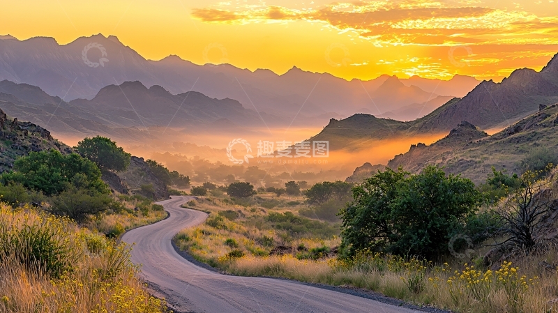 高清大图下载【趣麦麦图】蜿蜒山路日落美景