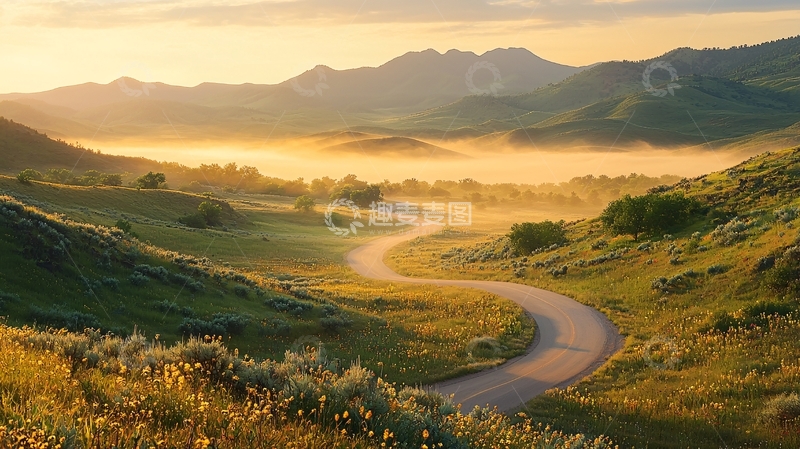 高清大图下载【趣麦麦图】蜿蜒道路晨曦山峦风光