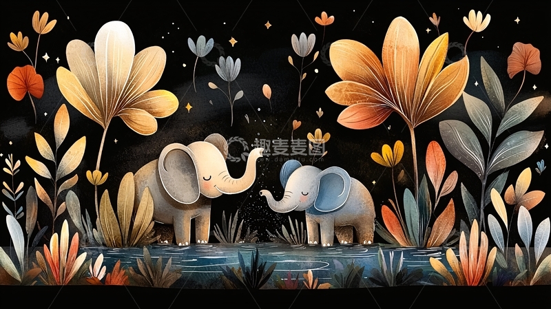 高清大图下载【趣麦麦图】卡通大象花丛