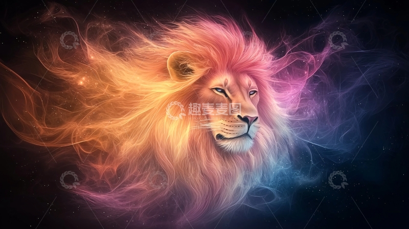高清大图下载【趣麦麦图】彩色光晕中的雄狮头部特写