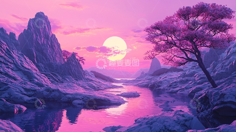 高清大图下载【趣麦麦图】粉紫色的山水唯美意境