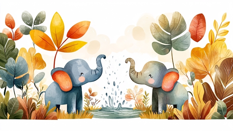 高清大图下载【趣麦麦图】卡通小象与植物水景