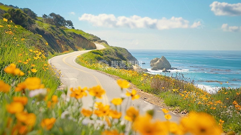 高清大图下载【趣麦麦图】海岸公路与鲜花