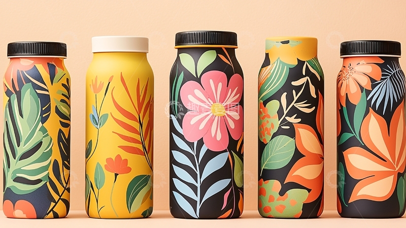 高清大图下载【趣麦麦图】彩色植物花卉保温瓶排列