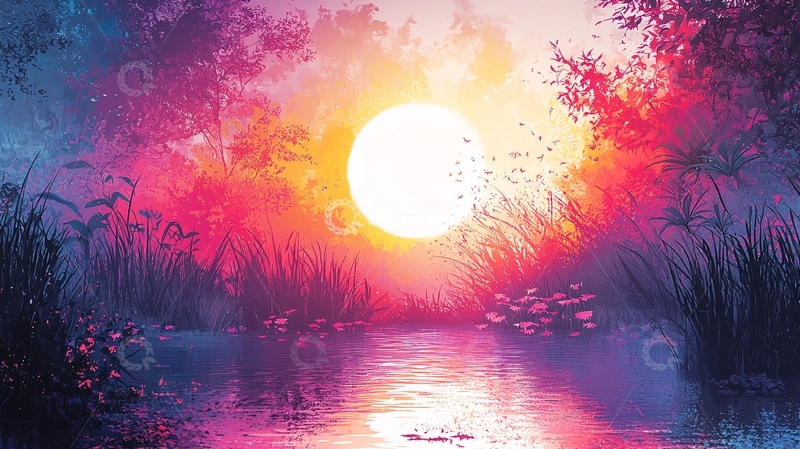 高清大图下载【趣麦麦图】梦幻色彩森林夕阳