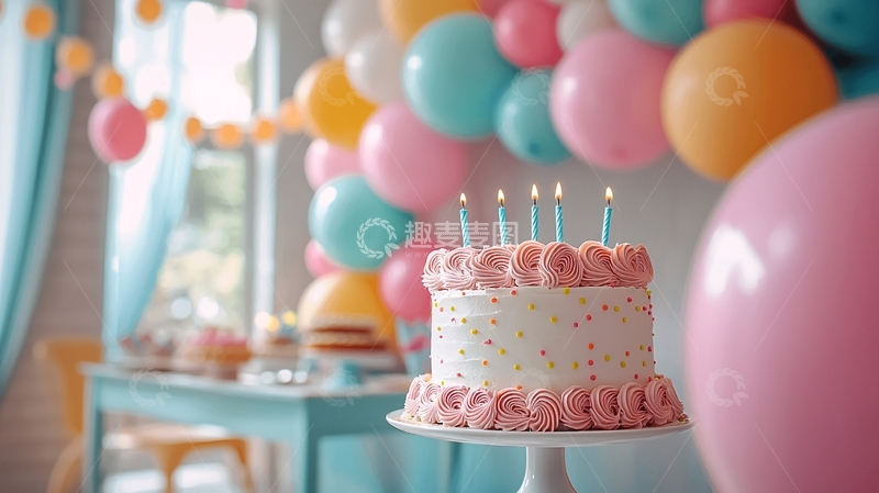 高清大图下载【趣麦麦图】生日蛋糕和彩色气球派对
