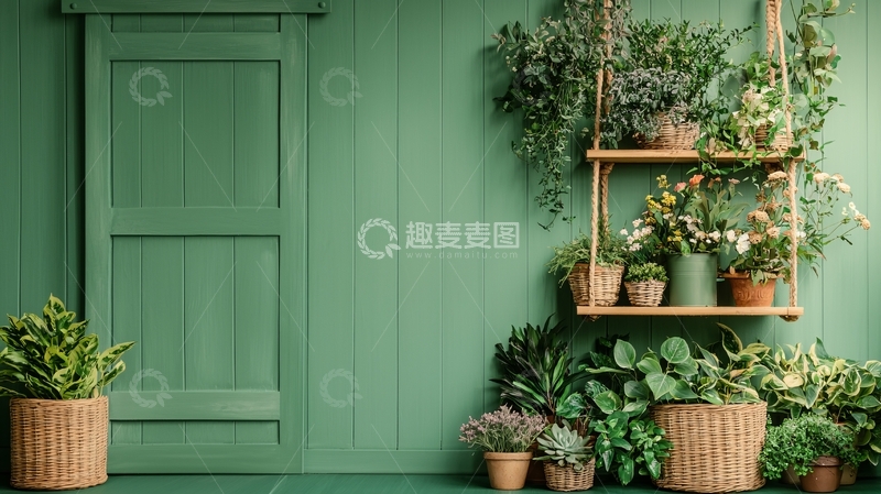 高清大图下载【趣麦麦图】绿色植物墙上的盆栽装饰